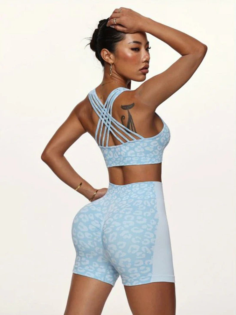 Blauw Dames Sportset Fitnesskleding Naadloos Met Hoge Taille Sport Shorts En Sport Bh Luipaard Patroon Yoga Fitness Hardlopen Set Maat S