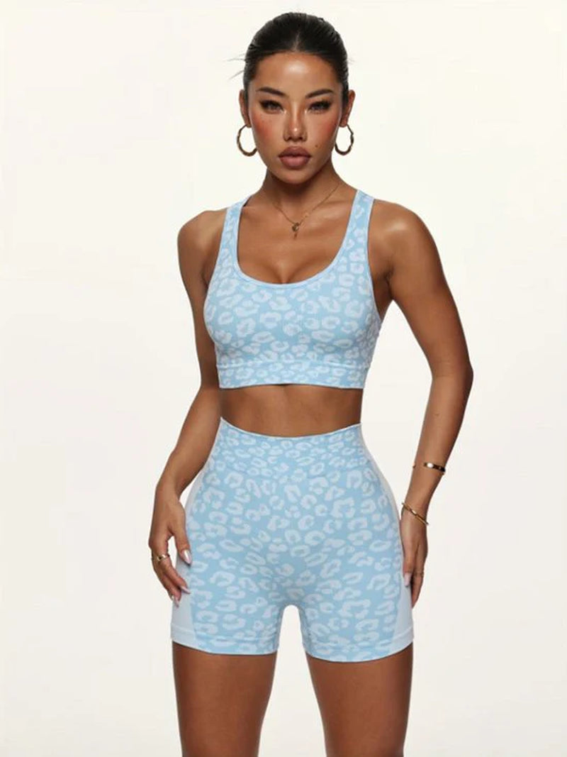 Blauw Dames Sportset Fitnesskleding Naadloos Met Hoge Taille Sport Shorts En Sport Bh Luipaard Patroon Yoga Fitness Hardlopen Set Maat S