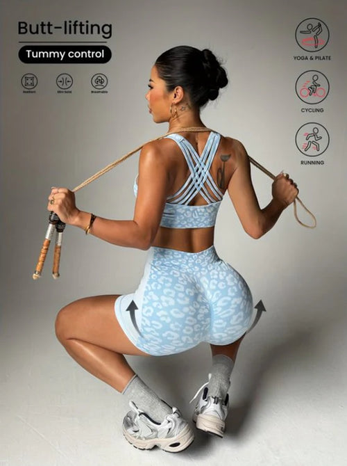 Blauw Dames Sportset Fitnesskleding Naadloos Met Hoge Taille Sport Shorts En Sport Bh Luipaard Patroon Yoga Fitness Hardlopen Set Maat S